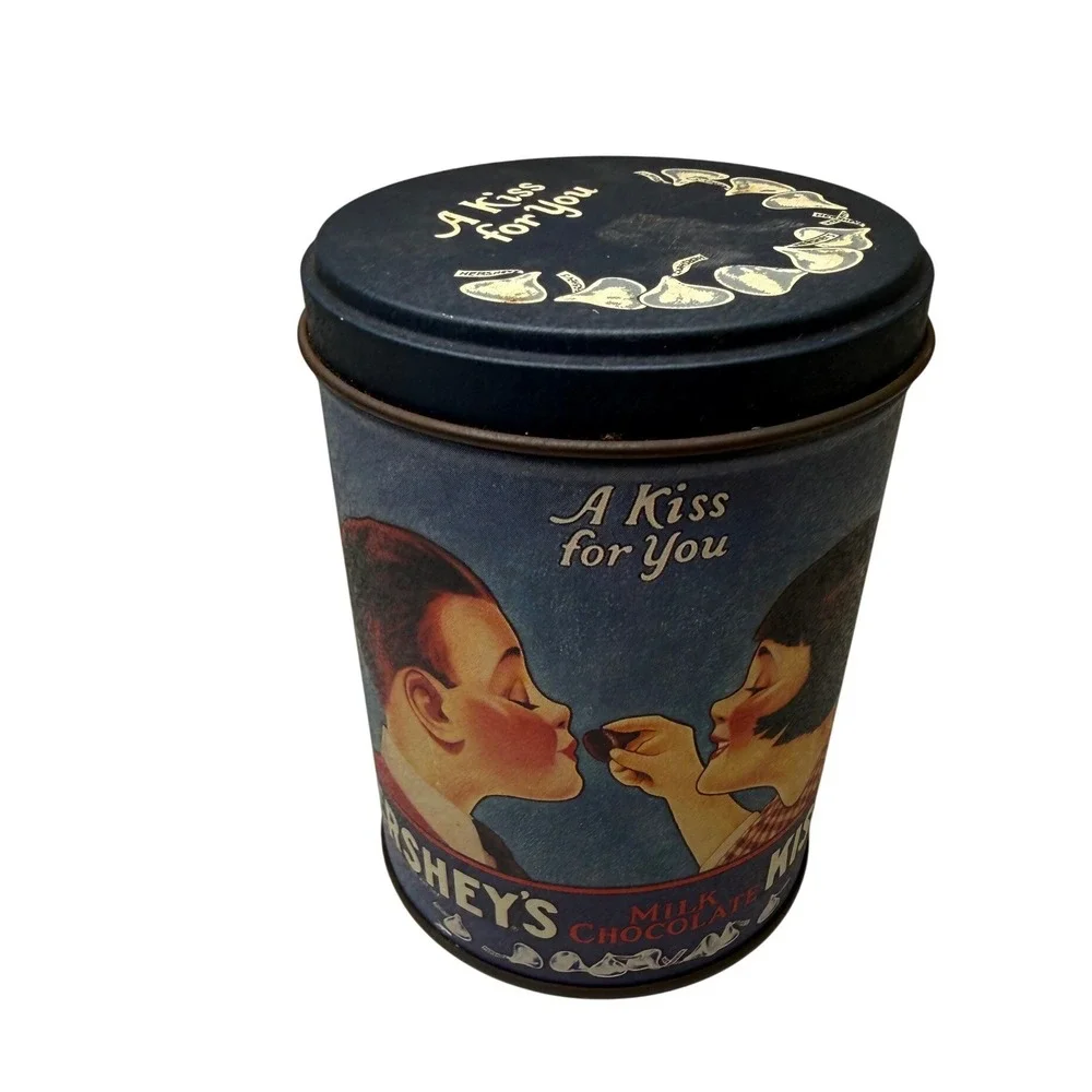 Vintage 1980s Hershey's A Kiss For You Decorative Tin Blue Round Americana Decor